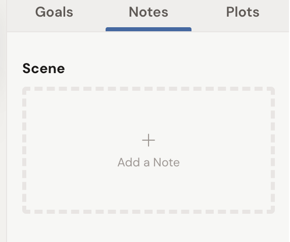 The right sidebar Notes tab open (beside Goals and Plots), showing the current Scene's notes area with an Add a Note card.