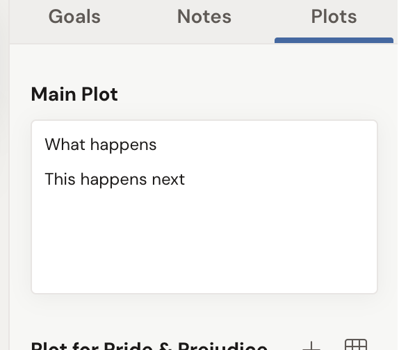 The Plots tab in the right sidebar listing the scene's plot points, with an add (+) control and the grid button to jump to the full Plot Grid.