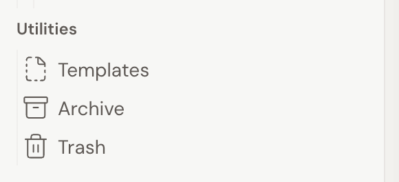 The bottom of the left navigation inside an open project, showing the Utilities heading with Templates, Archive, and Trash beneath it.