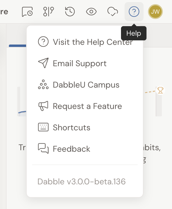 The Help menu open from the header's question-mark icon, with Request a Feature listed alongside Visit the Help Center, Email Support, DabbleU Campus, Shortcuts, and Feedback.