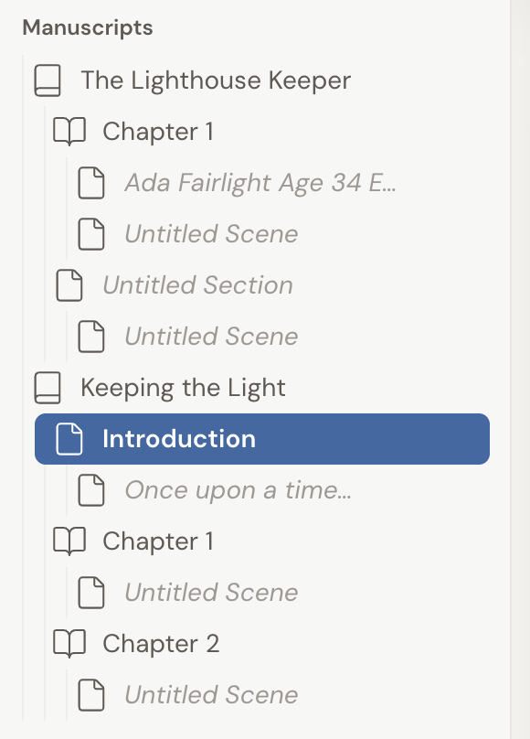 The Manuscripts navigation tree showing a non-fiction book, Keeping the Light, whose first item is an unnumbered Section called Introduction, followed by Chapter 1 and Chapter 2. The Section carries no number, so it does not disturb the chapter count.
