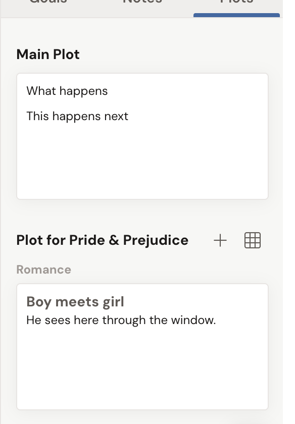 The Plots tab in a scene's right sidebar, showing the Main Plot card and the Plot for Pride & Prejudice grid with a plus button (add a plot line) beside its heading and a plot line card beneath it.