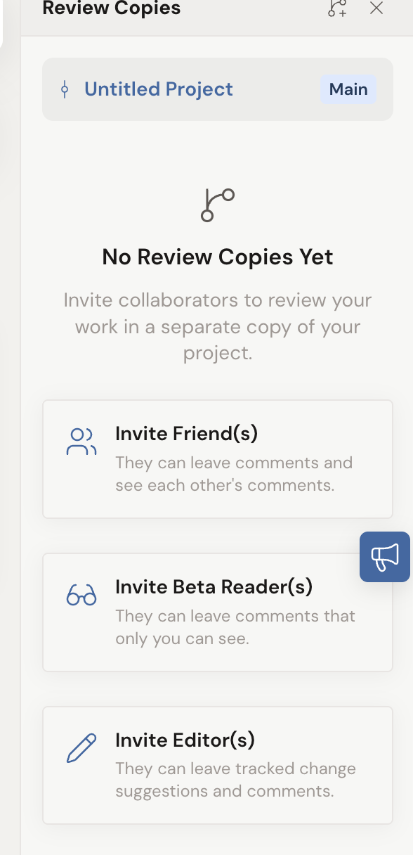 The Review Copies panel's empty state offering three ways to invite someone into a separate copy: Invite Friend(s) (comments everyone can see), Invite Beta Reader(s) (comments only you see), and Invite Editor(s) (tracked-change suggestions and comments).