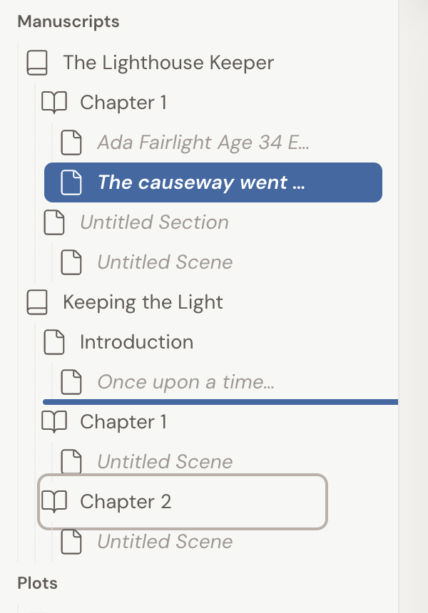 The Manuscripts sidebar mid-drag: the chapter being dragged is outlined, and a blue line sits between two rows showing exactly where it will land. The line is indented to the depth the chapter will sit at.