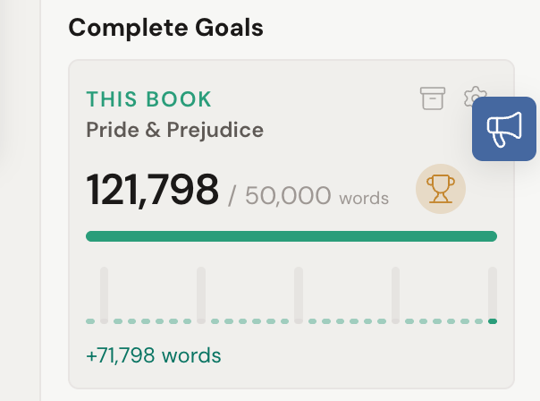 The Goals sidebar showing a populated book-target goal card: total progress against the 50,000-word target, a pacing graph, words over target, and the deadline countdown.