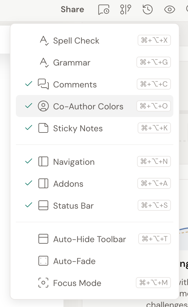 The View Options menu open from the project header, with Co-Author Colors highlighted and checked, alongside Spell Check, Grammar, Comments, Sticky Notes, and the layout toggles, each with its keyboard shortcut.