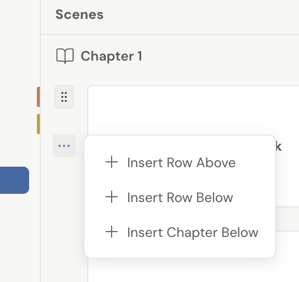The row actions menu open on a linked Plot Grid, listing Insert Row Above, Insert Row Below, and Insert Chapter Below. This row is the first scene of its chapter, so Insert Chapter Above is not offered, and it is a scene row on a linked grid, so there is no Delete.