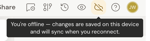 The writer header with the connection status icon showing an amber cloud with a slash, and its tooltip reading "You're offline — changes are saved on this device and will sync when you reconnect."