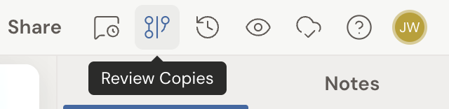 The project header's top-right controls with the Review Copies button (a branching icon) highlighted and its Review Copies tooltip showing.