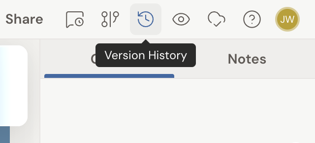 The project header's top-right controls with the Version History button (a clock icon) highlighted and its Version History tooltip showing.