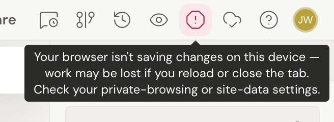 The red octagon-alert icon in the writer's top bar with its tooltip open, reading "Your browser isn't saving changes on this device — work may be lost if you reload or close the tab. Check your private-browsing or site-data settings."