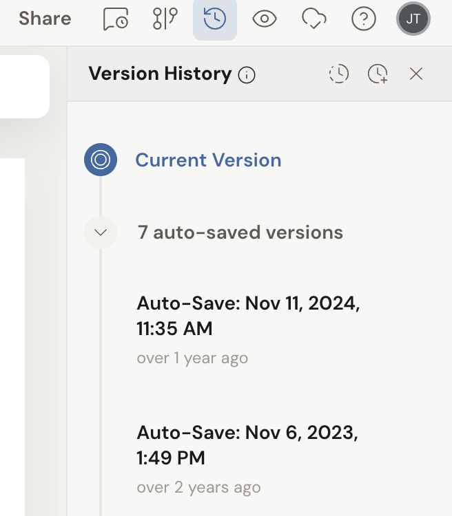 The Version History panel: a Current Version row at the top, then an expanded group of auto-saved versions, each labeled with its date and how long ago it was saved.