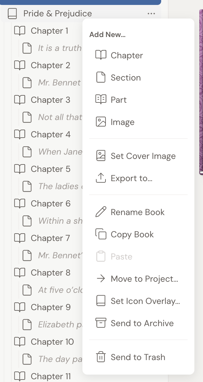 A book's action menu in the left panel, opened from its ⋯ button, with Export to… among options like Add New, Set Cover Image, Rename Book, and Move to Project.