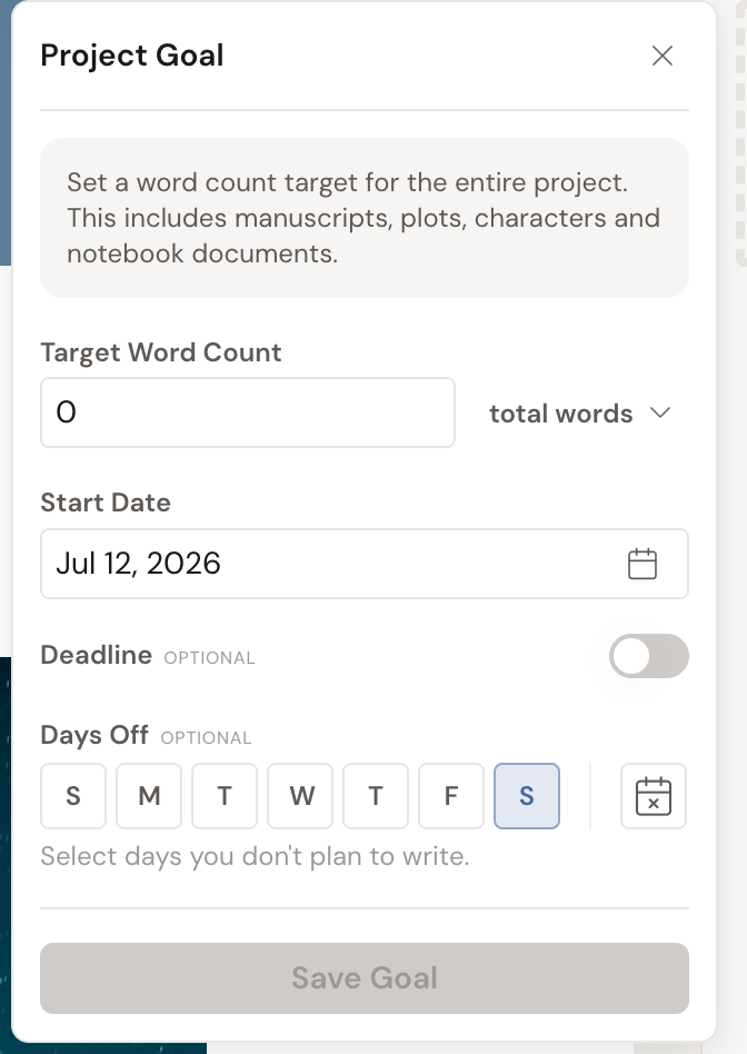 The Project Goal form: a Target Word Count field with a total words dropdown, a Start Date with a calendar picker, an optional Deadline toggle, and a Days Off row of weekday buttons with a calendar button beside them, above a Save Goal button.