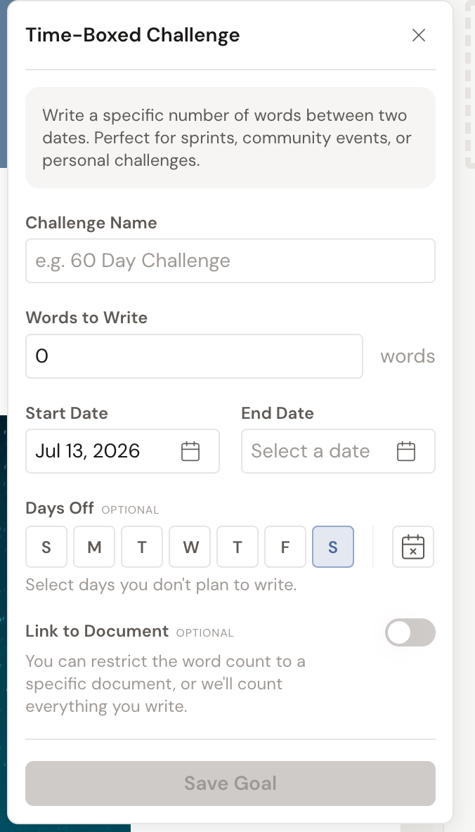 The Writing Challenge (Time-Boxed Challenge) form: a Challenge Name field, a Words to Write field, Start Date and End Date pickers, a Days Off selector, and an optional Link to Document toggle.