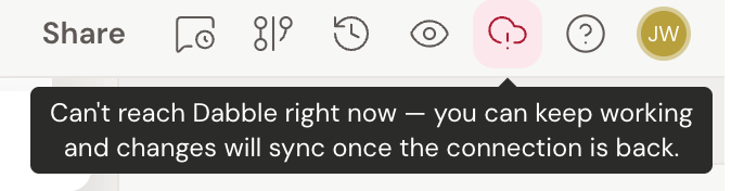 The writer header with the sync status icon showing a red cloud with an exclamation mark, and its tooltip reading "Can't reach Dabble right now — you can keep working and changes will sync once the connection is back."