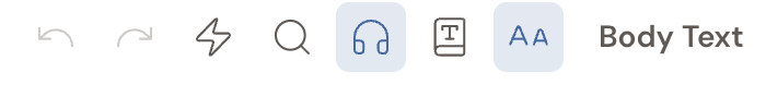 The manuscript editor toolbar with the headphones Read to Me button highlighted, next to undo, redo, and search.