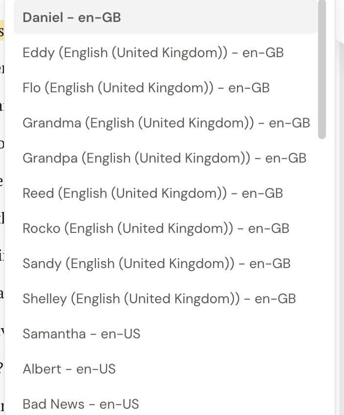 The Read to Me voice picker dropdown listing available voices, each as a name and language such as Daniel (en-GB), Samantha (en-US), and more.