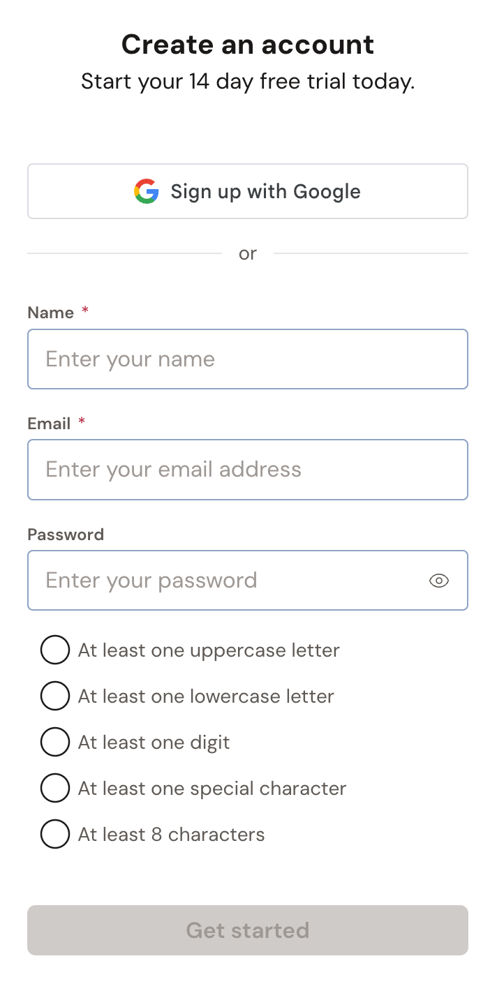 The Dabble sign-up page: a "Create an account" heading, the line "Start your 14 day free trial today.", a Google sign-up button, and Name, Email, and Password fields with the password requirements listed beneath, a Get started button, and a link to log in if you already have an account.