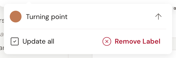 The bottom of the label popover when the same label is on more than one card: an Update all checkbox, ticked, next to the red Remove Label button.