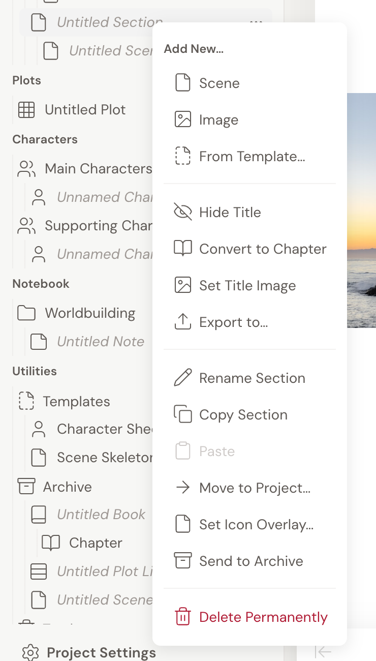 A Section's context menu in the left navigation, with an Add New group (Scene, Image, From Template), then Hide Title, Convert to Chapter, Set Title Image, and Export to, followed by Rename Section, Copy Section, Move to Project, Send to Archive, and Delete Permanently.
