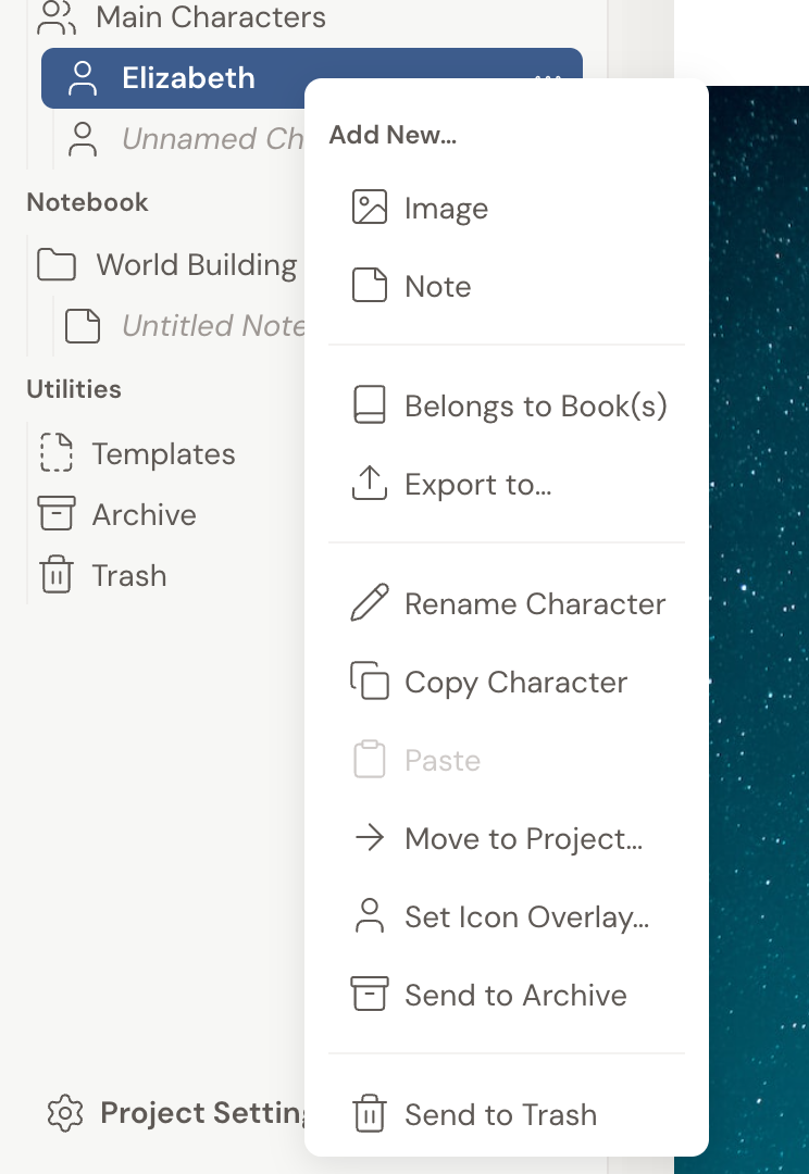A document's right-click menu in the left navigation, with Belongs to Book(s) listed, the option that assigns the document to a specific book.