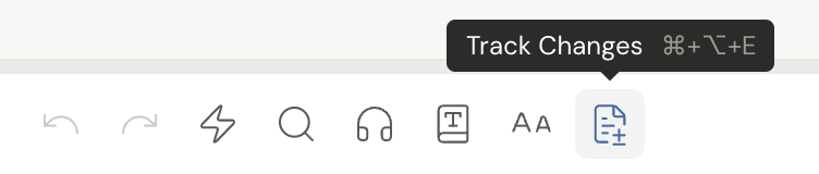 The manuscript toolbar with the Track Changes button highlighted and its tooltip showing Track Changes and the Cmd+Option+E shortcut.