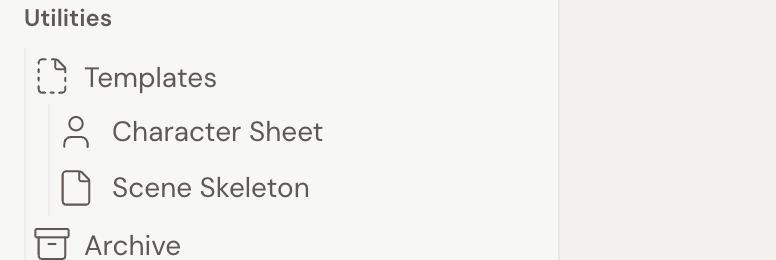 The Utilities section of the left navigation with the Templates folder open, holding a Character Sheet template and a Scene Skeleton template.