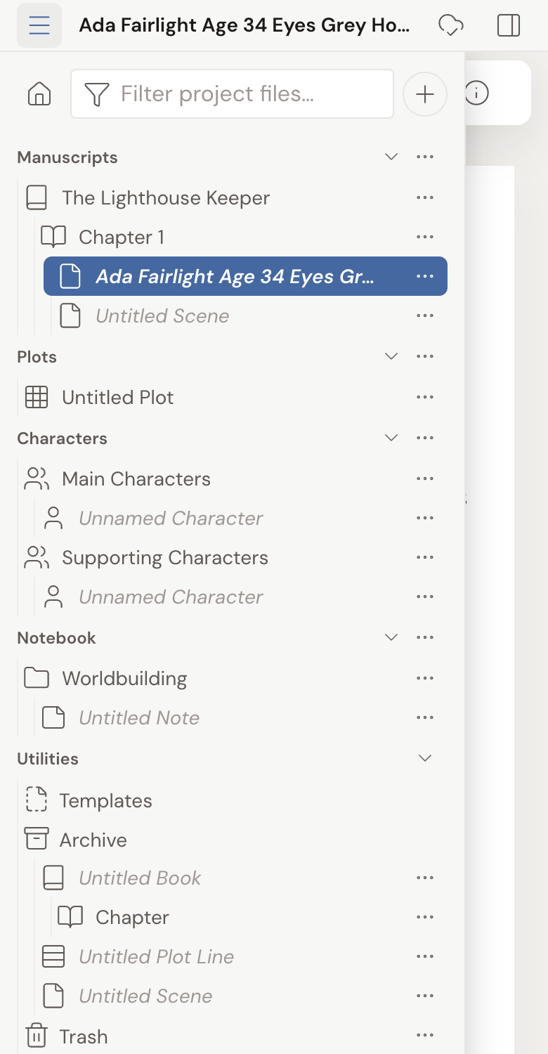Dabble on a phone: a collapsed header with a hamburger button, the document title in the middle, and the sync and addons buttons on the right, with the navigation drawer slid open over the editor showing the Manuscripts, Plots, Characters, Notebook, and Utilities sections.