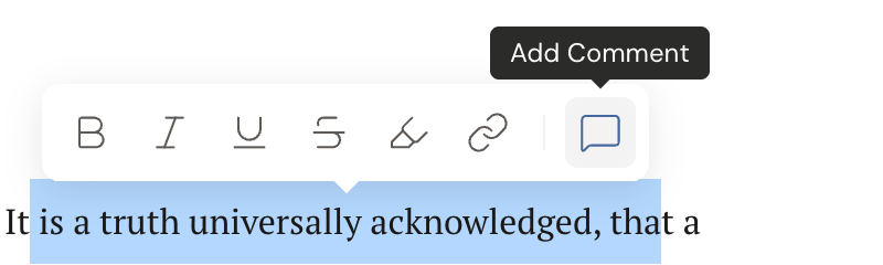 Text selected in a manuscript scene, with the selection toolbar above it showing bold, italic, underline, strikethrough, highlight, and link, and the Add Comment speech-bubble icon highlighted with its Add Comment tooltip.