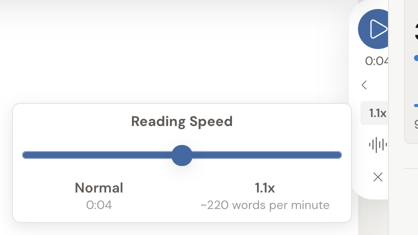 The Read to Me speed popover open beside the floating Read to Me control, showing a Reading Speed slider set to Normal, 1.1x, and about 220 words per minute.