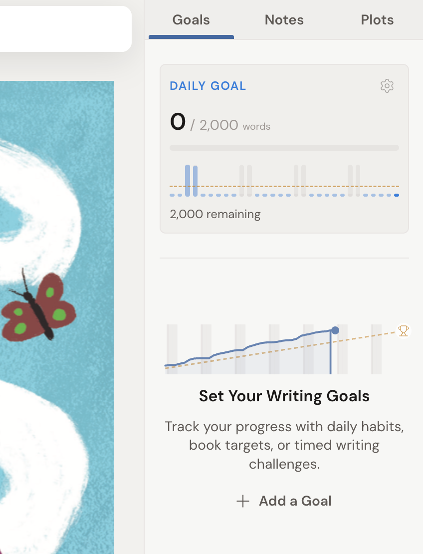 The right Addons sidebar with Goals, Notes, and Plots tabs, showing the Daily Goal card and the writing timer.