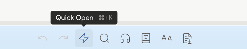 The editor toolbar with the Quick Open button (a lightning icon) highlighted and its Quick Open, Cmd+K, tooltip showing.