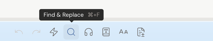 The editor toolbar with the Find & Replace button (a magnifying-glass icon) highlighted and its Find & Replace, Cmd+F, tooltip showing.