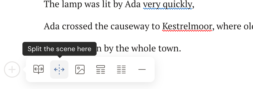 The gutter insert toolbar open on a blank line, with the second icon highlighted and its tooltip reading Split the scene here.