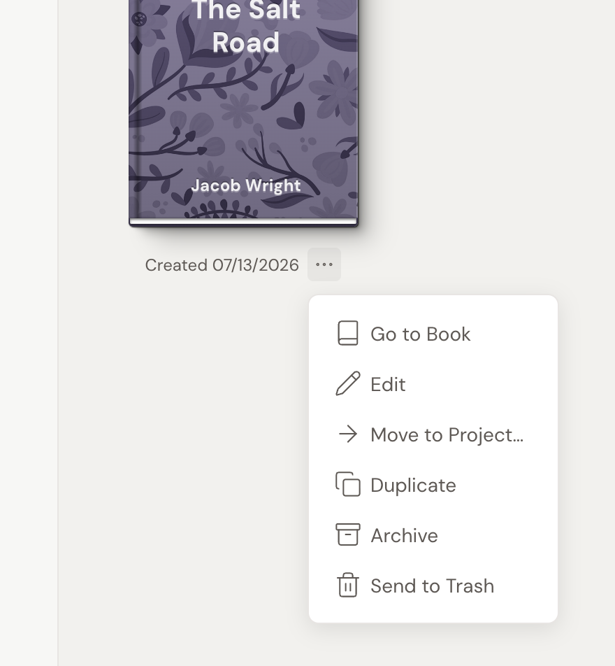 A document's … menu open, showing Go to Book, Edit, Move to Project…, Duplicate, Archive, and Send to Trash.