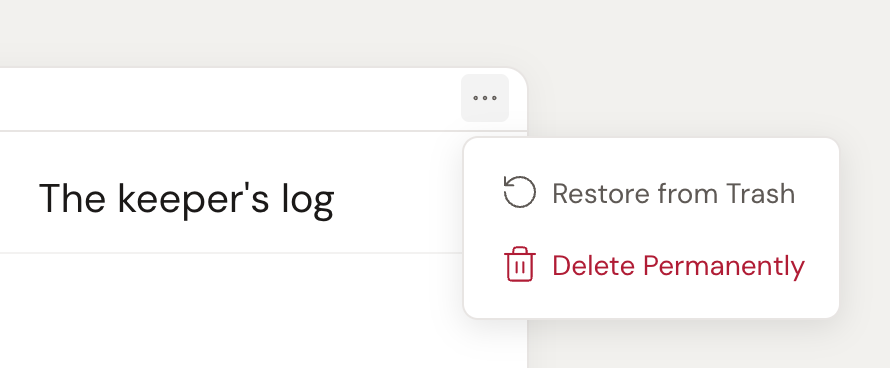 A trashed scene on the project's Trash page with its … menu open, offering Restore from Trash and Delete Permanently.