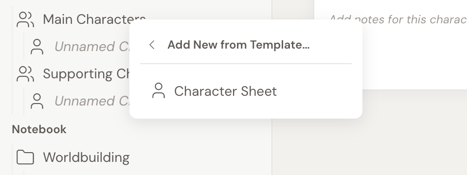 The Add New from Template submenu open on a cast in the left navigation, listing the Character Sheet template with a character icon. The Scene Skeleton template is not offered here, because the list only shows templates valid for this spot.